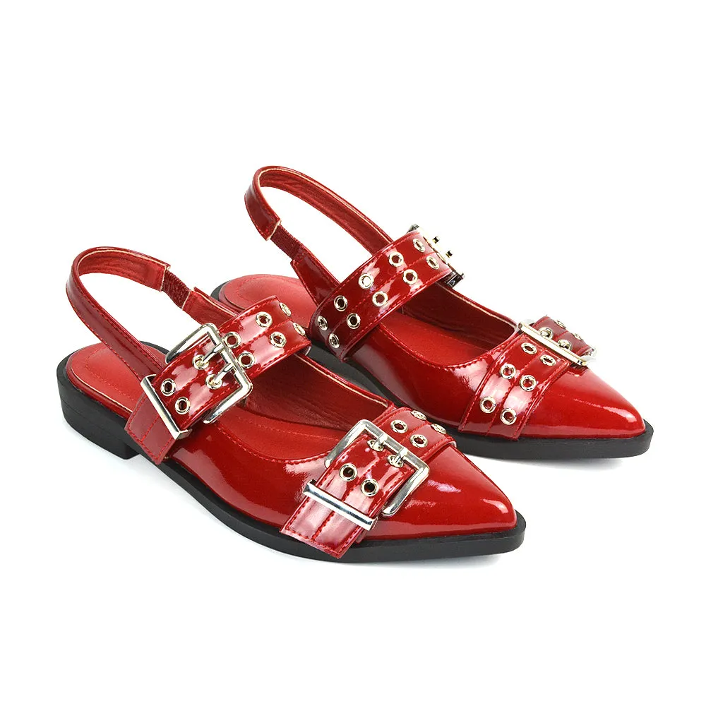 Kendall Buckle Mary Jane Ballet Pumps With Slingback Strap in Black Patent