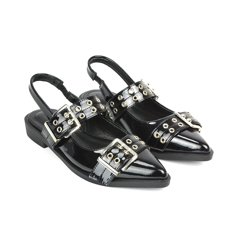 Kendall Buckle Mary Jane Ballet Pumps With Slingback Strap in Black Patent