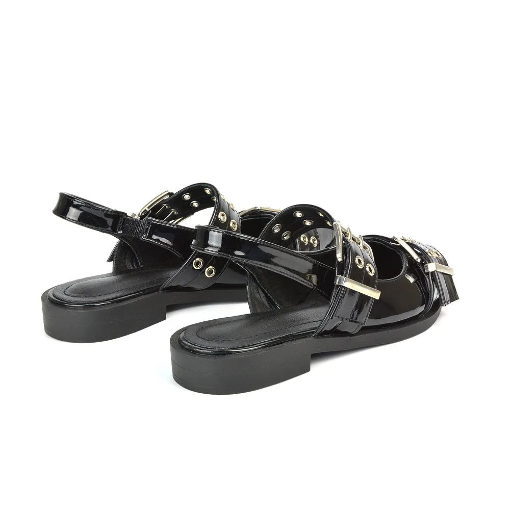 Kendall Buckle Mary Jane Ballet Pumps With Slingback Strap in Black Patent