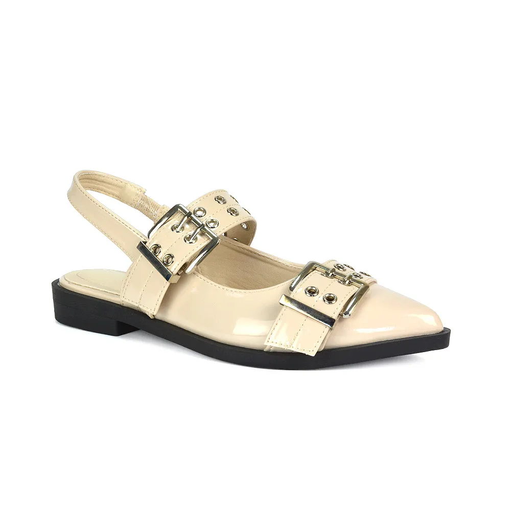 Kendall Buckle Mary Jane Ballet Pumps With Slingback Strap in Black Patent