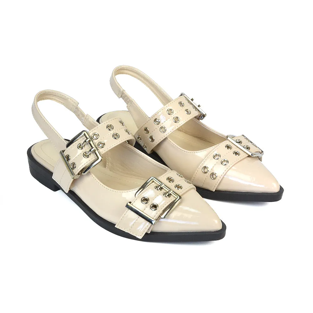 Kendall Buckle Mary Jane Ballet Pumps With Slingback Strap in Black Patent