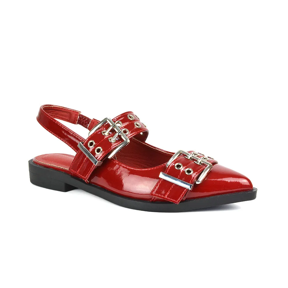 Kendall Buckle Mary Jane Ballet Pumps With Slingback Strap in Black Patent