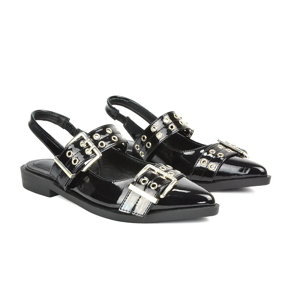 Kendall Buckle Mary Jane Ballet Pumps With Slingback Strap in Black Patent