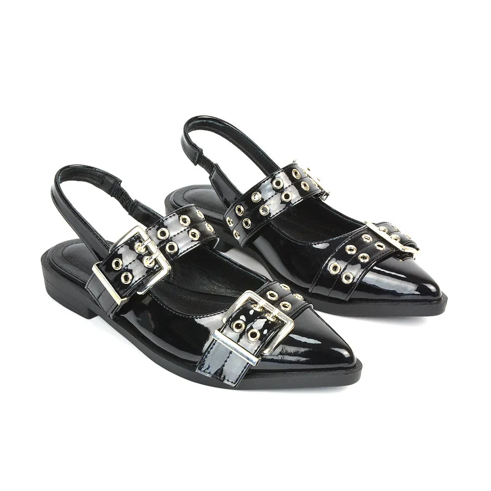 Kendall Buckle Mary Jane Ballet Pumps With Slingback Strap in Black Patent