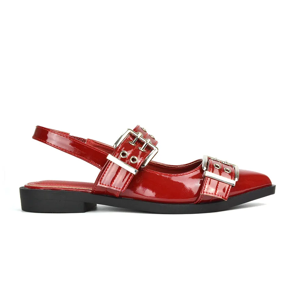 Kendall Buckle Mary Jane Ballet Pumps With Slingback Strap in Black Patent