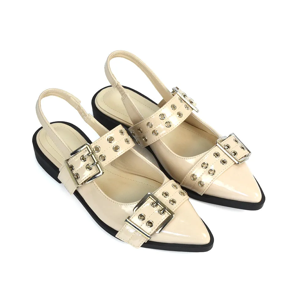Kendall Buckle Mary Jane Ballet Pumps With Slingback Strap in Black Patent