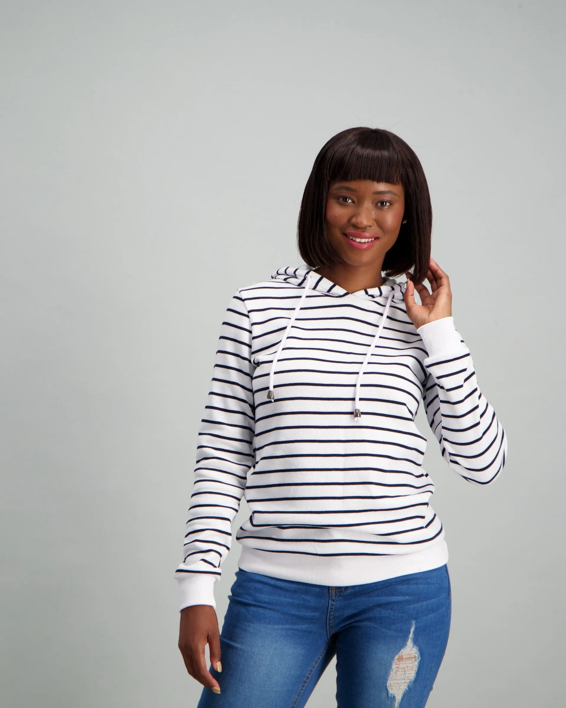 Ladies Stripped Hooded Fleece Top - Navy/White