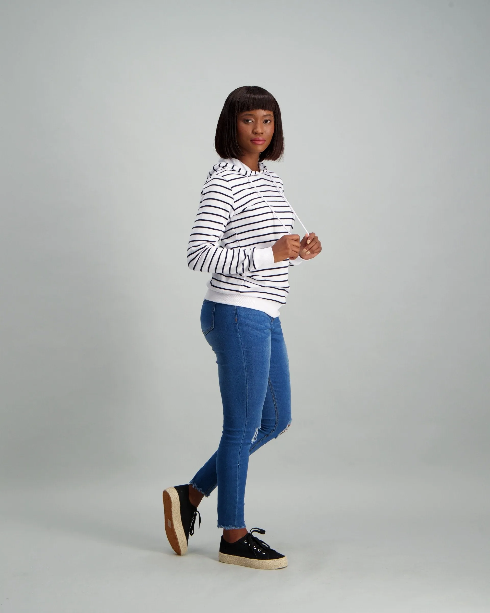 Ladies Stripped Hooded Fleece Top - Navy/White