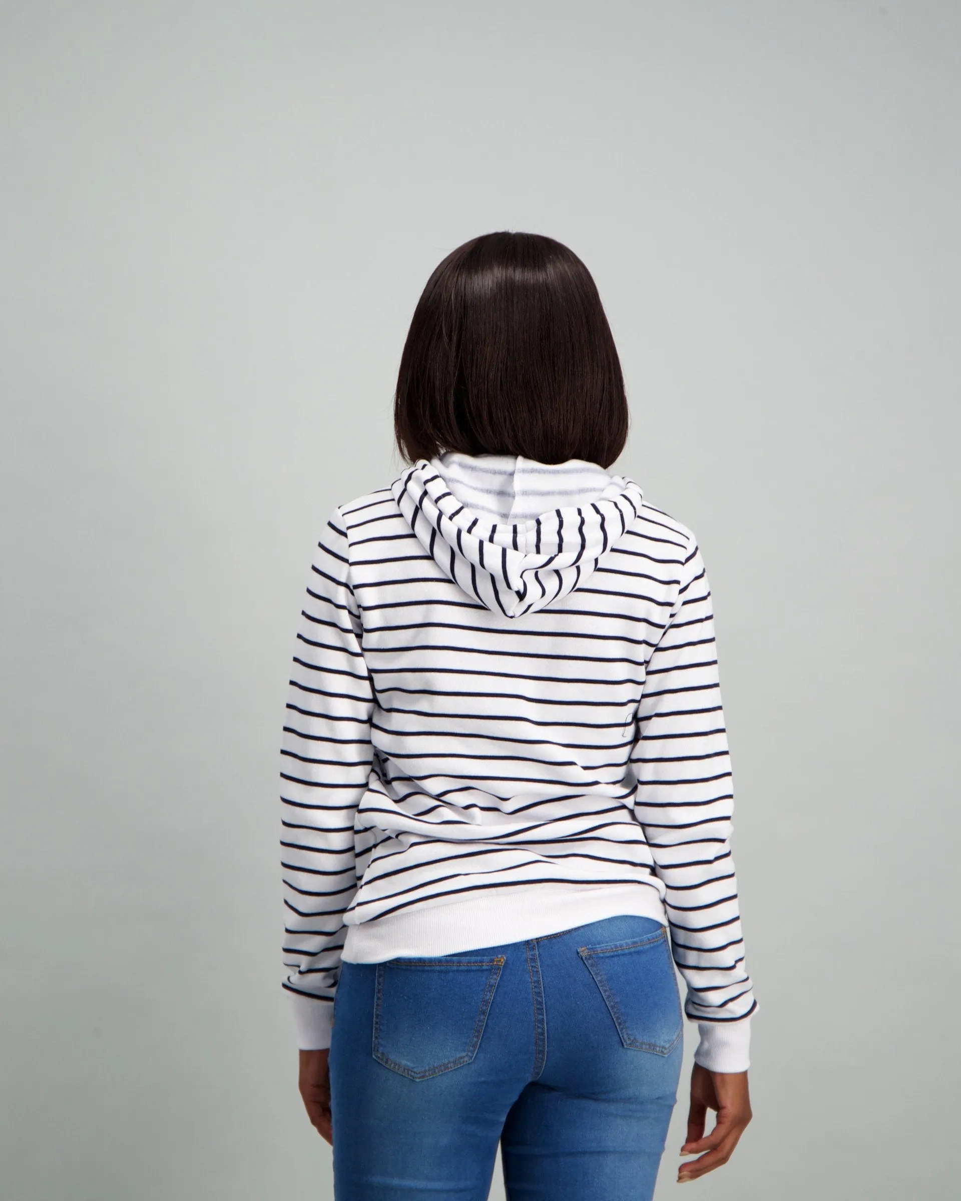 Ladies Stripped Hooded Fleece Top - Navy/White