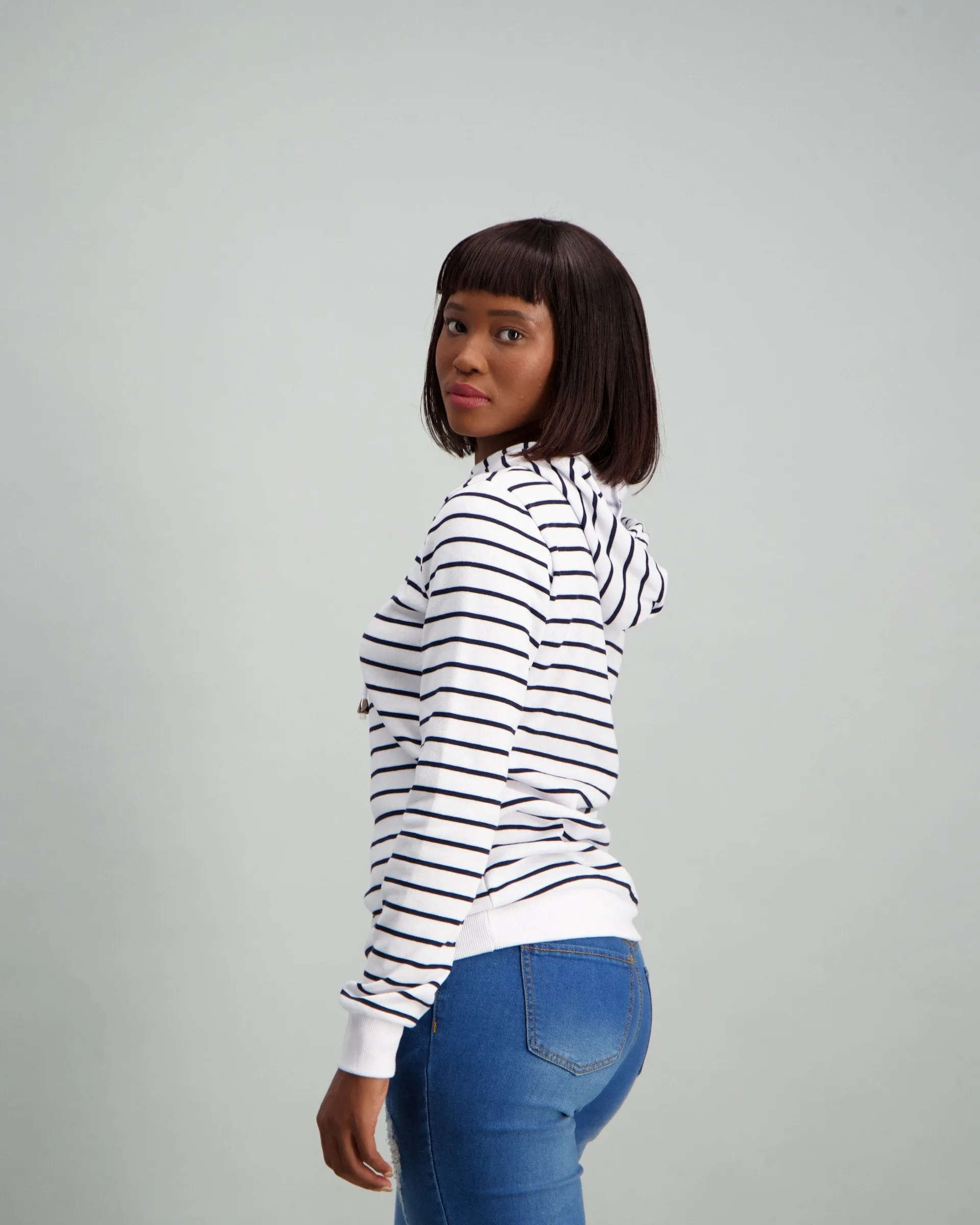 Ladies Stripped Hooded Fleece Top - Navy/White