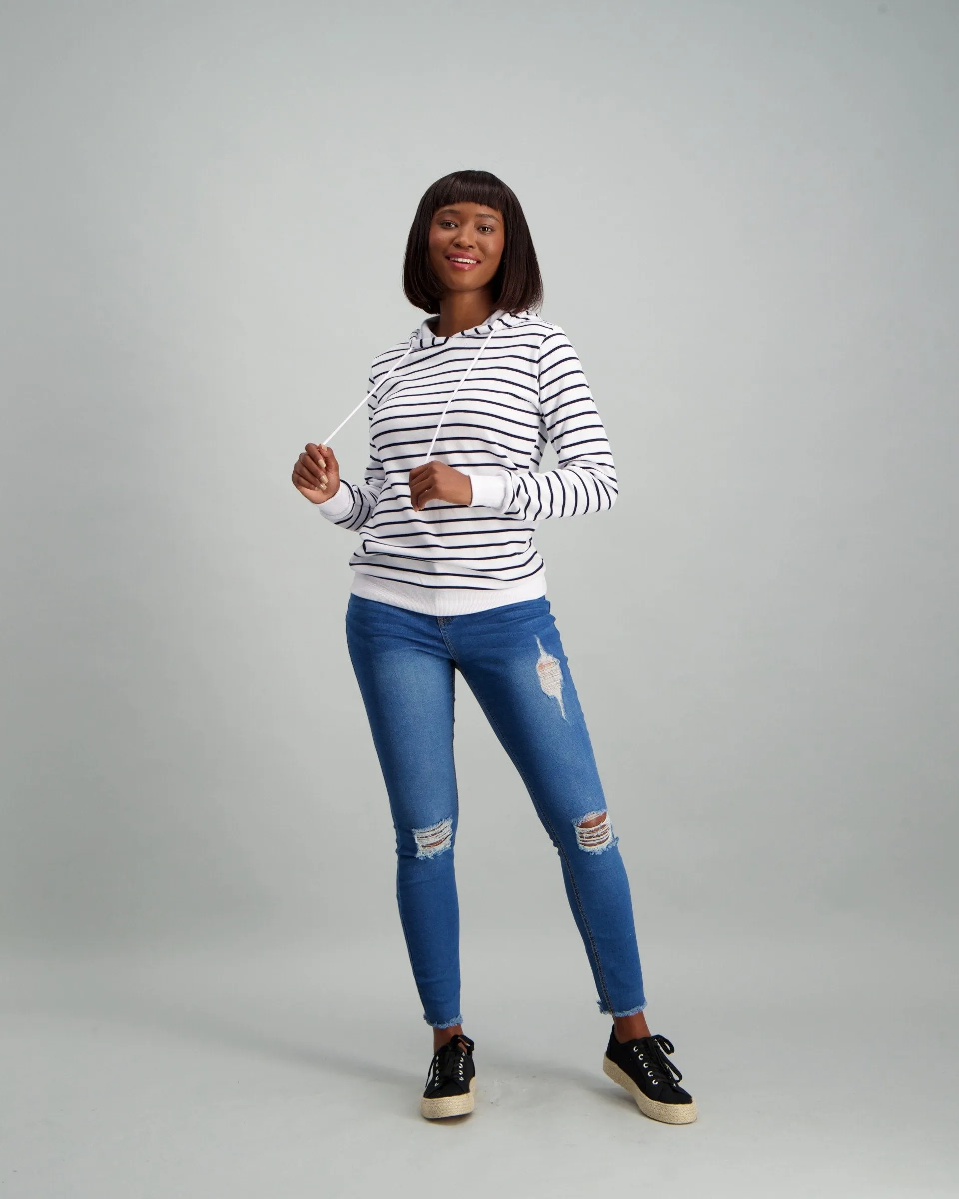 Ladies Stripped Hooded Fleece Top - Navy/White