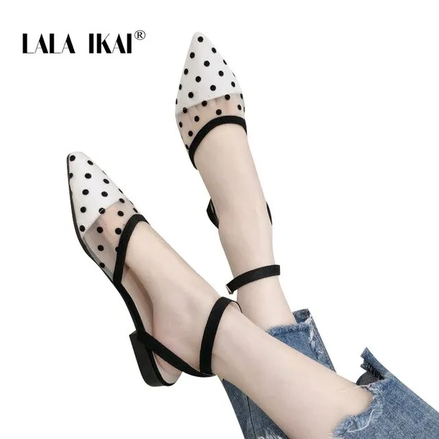 LALA IKAI Black transparent spots Pattern Women Flats Spring Summer Mesh Slip-On Dots Flat Shoes Pointed Toe XWA4010-4