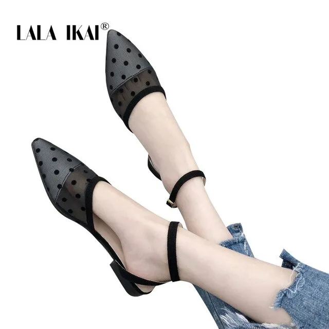 LALA IKAI Black transparent spots Pattern Women Flats Spring Summer Mesh Slip-On Dots Flat Shoes Pointed Toe XWA4010-4