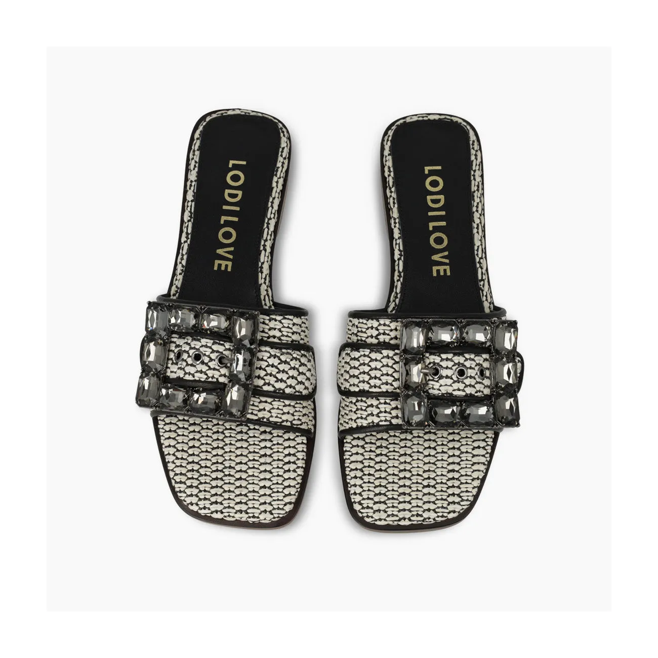 LODI Raffia Sandal in Black/White with Rhinestone Buckle