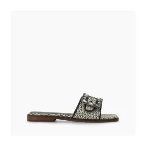 LODI Raffia Sandal in Black/White with Rhinestone Buckle