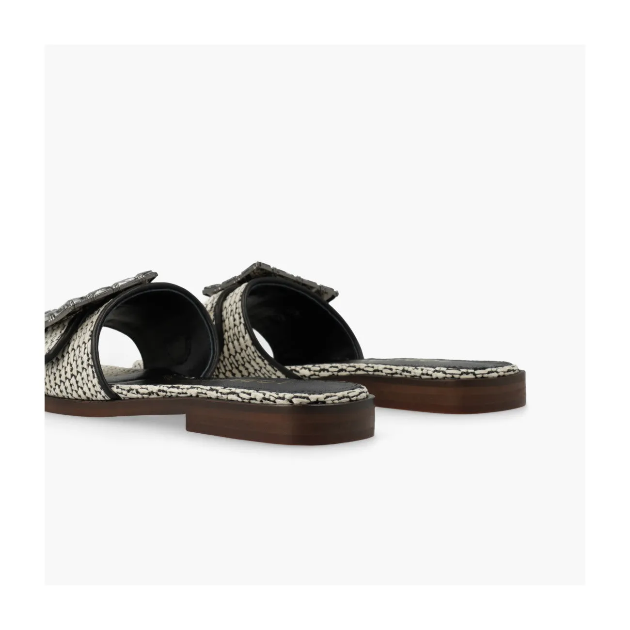 LODI Raffia Sandal in Black/White with Rhinestone Buckle