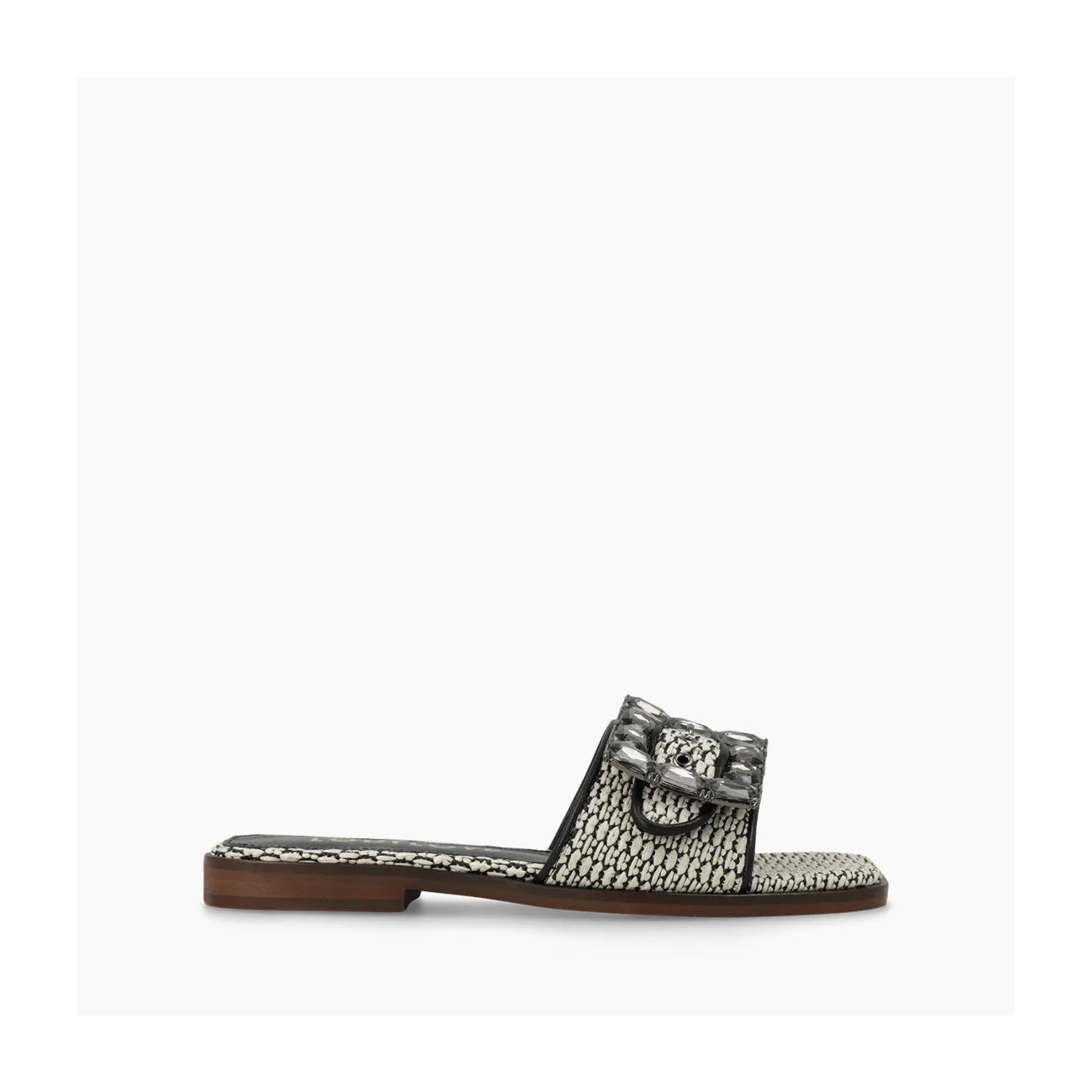 LODI Raffia Sandal in Black/White with Rhinestone Buckle