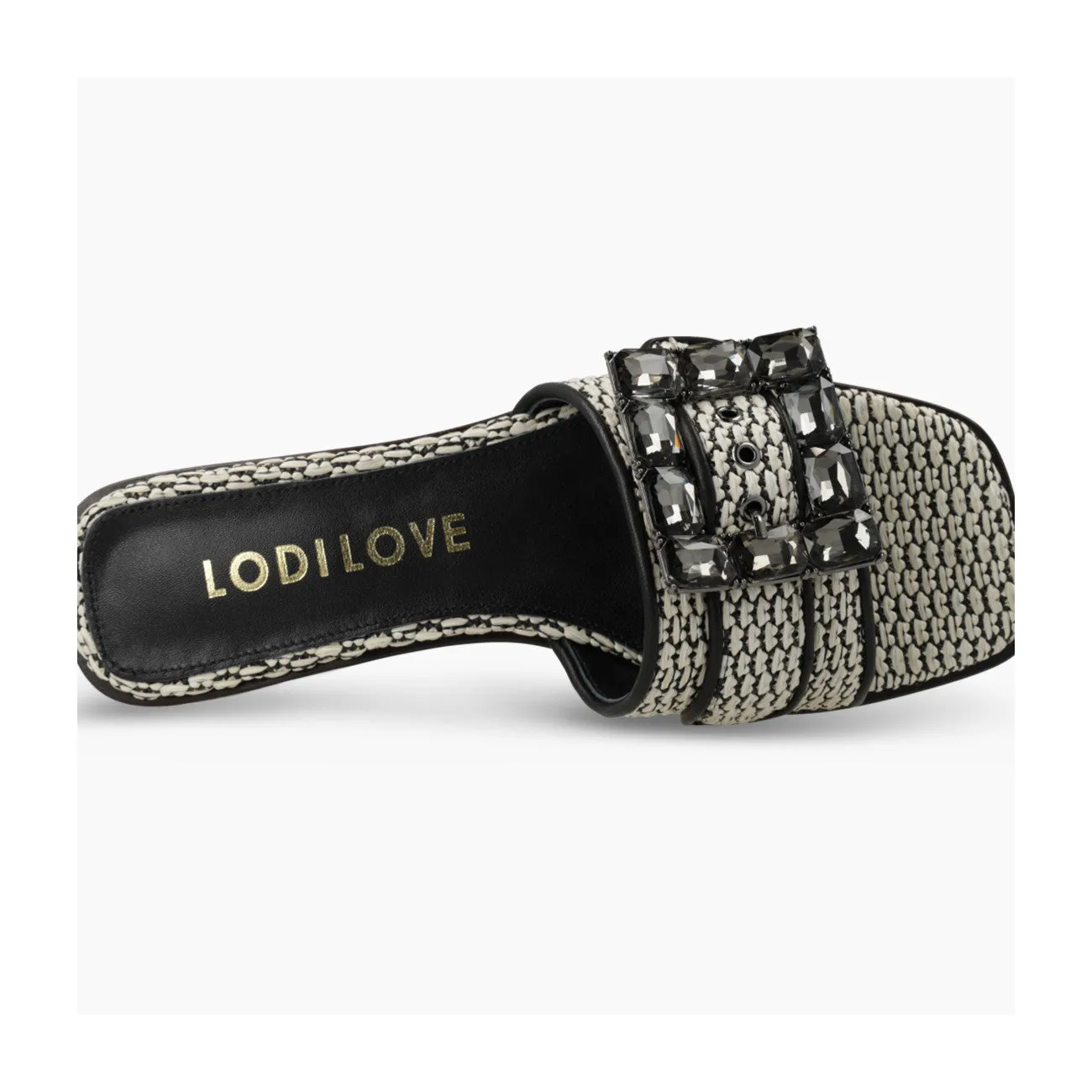 LODI Raffia Sandal in Black/White with Rhinestone Buckle