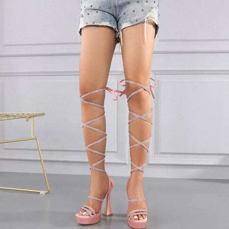Matilda  Open Toe Rhinestone Strap Lace-Up Platform Heel Sandal