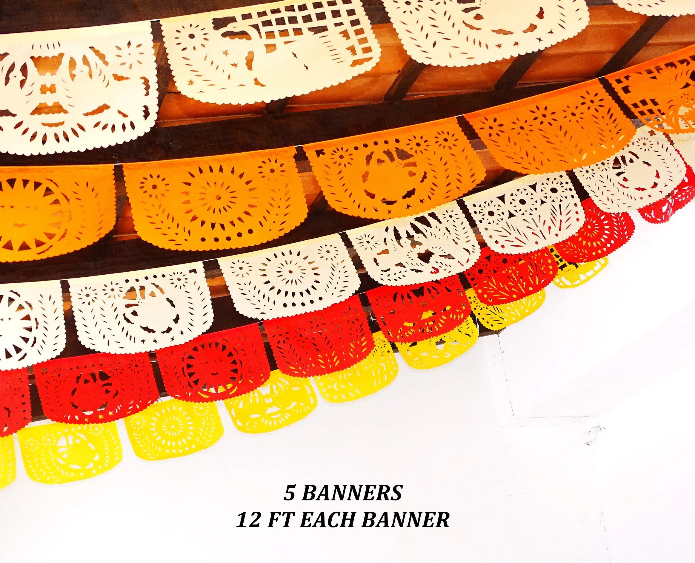 Mexican Papel Picado Banner in Warm Colors (5 Pack)