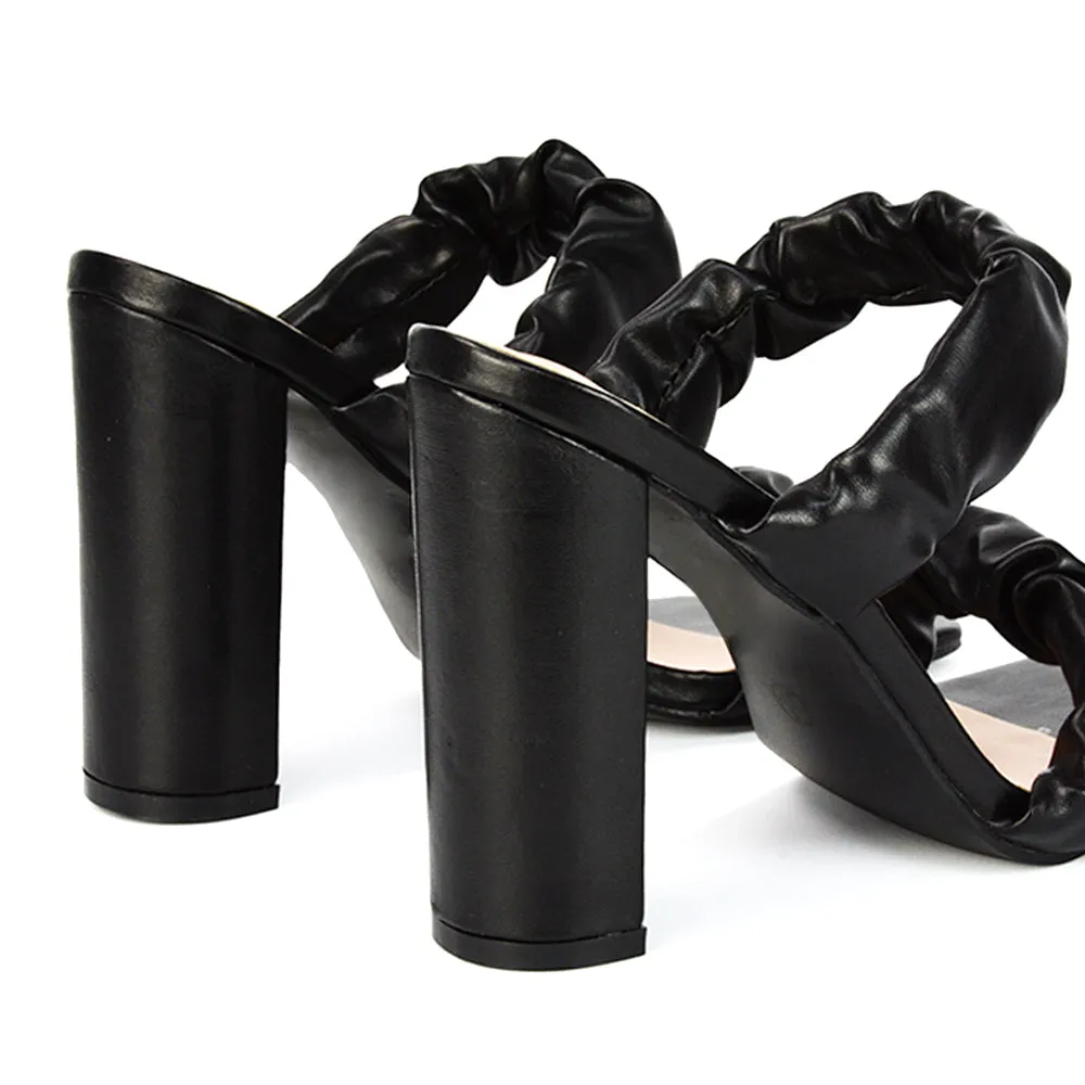 Milena Ruched Double Strap Block High Heel Sandals in Black Synthetic Leather