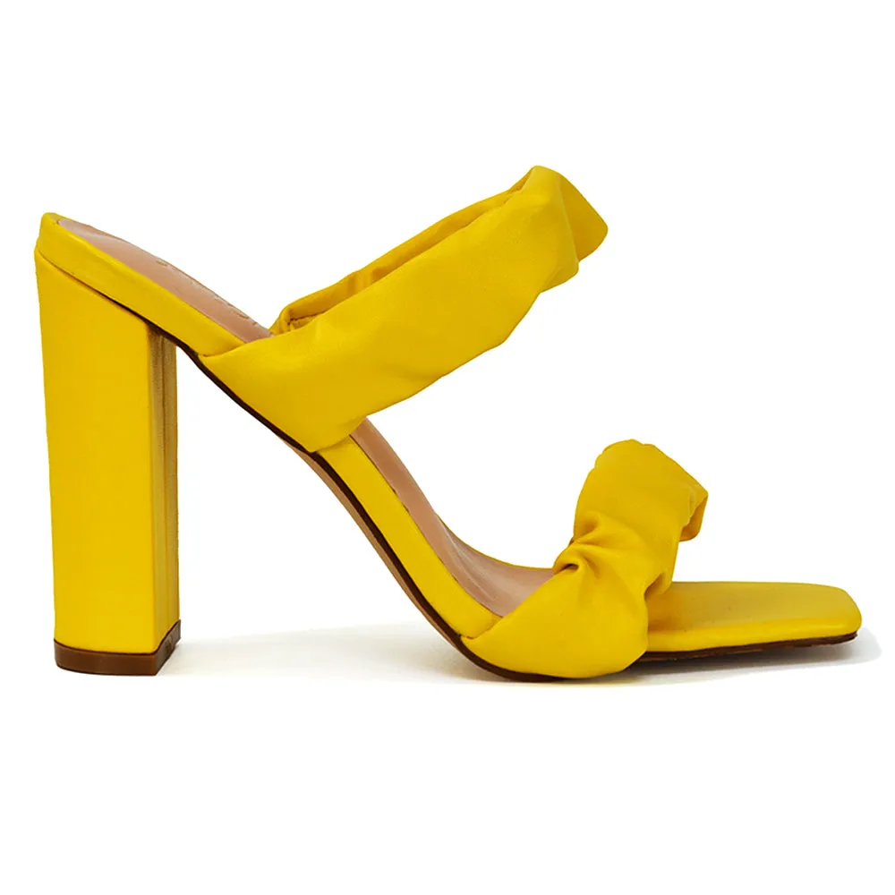 Milena Ruched Double Strap Block High Heel Sandals in Black Synthetic Leather