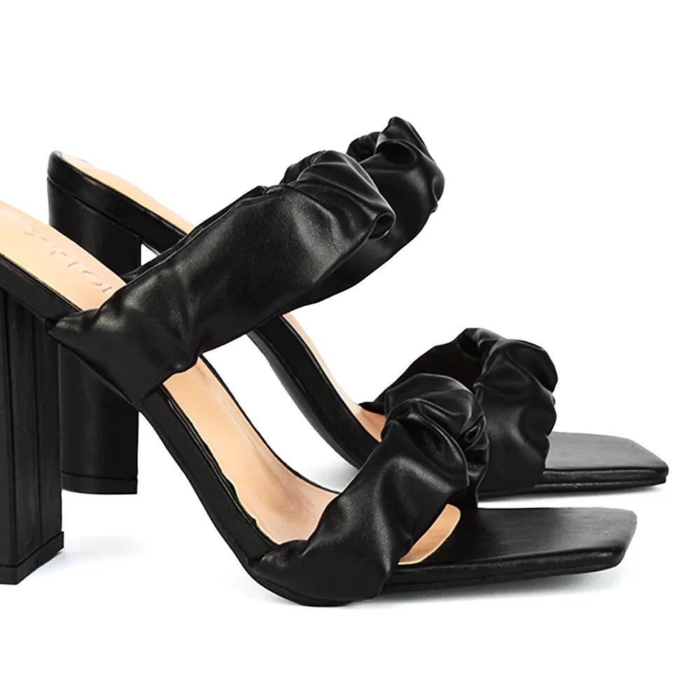 Milena Ruched Double Strap Block High Heel Sandals in Black Synthetic Leather