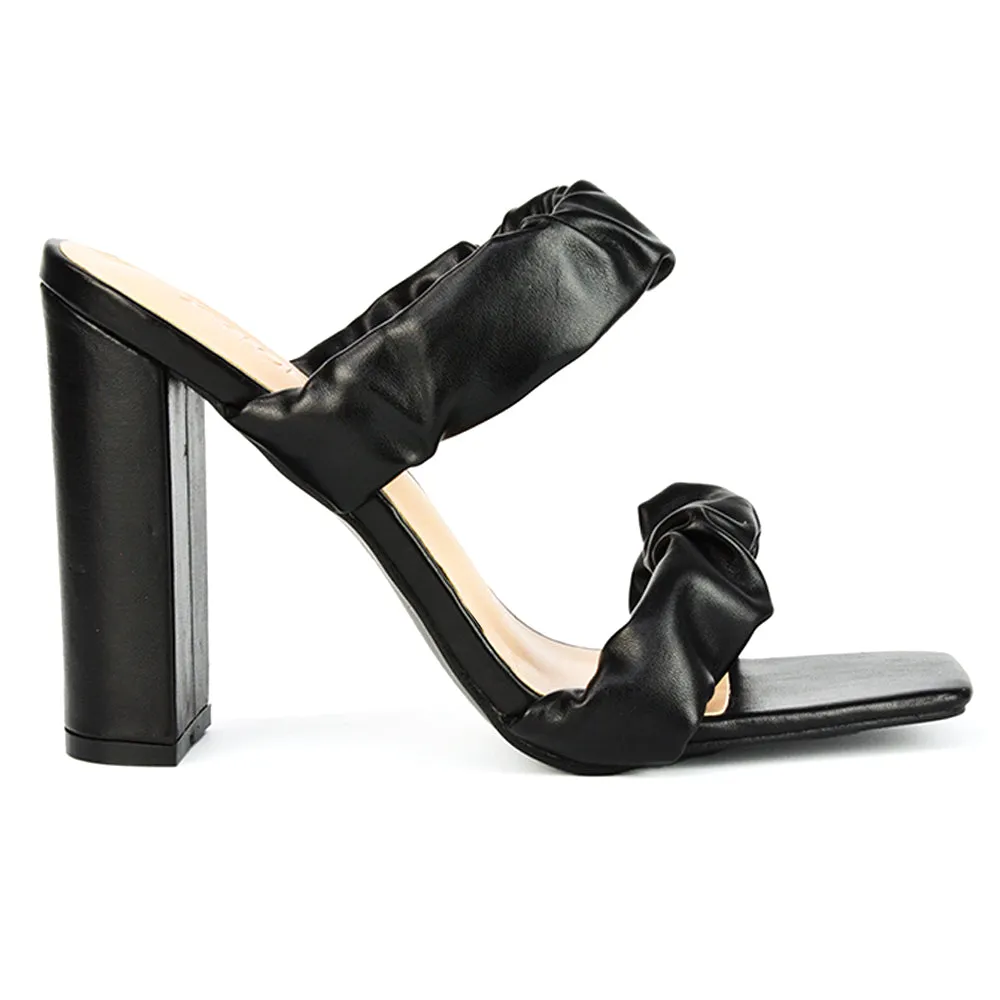 Milena Ruched Double Strap Block High Heel Sandals in Black Synthetic Leather