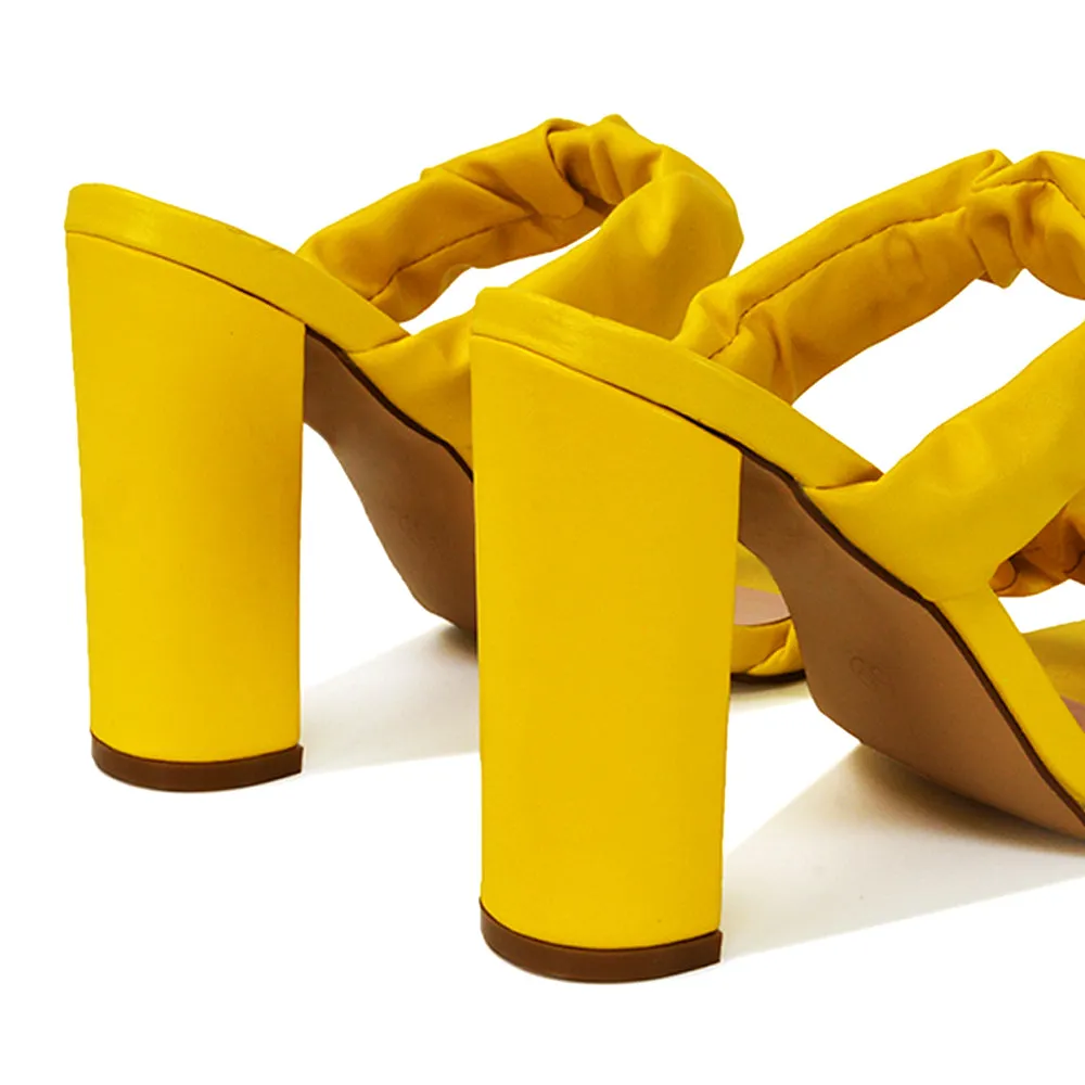 Milena Ruched Double Strap Block High Heel Sandals in Black Synthetic Leather