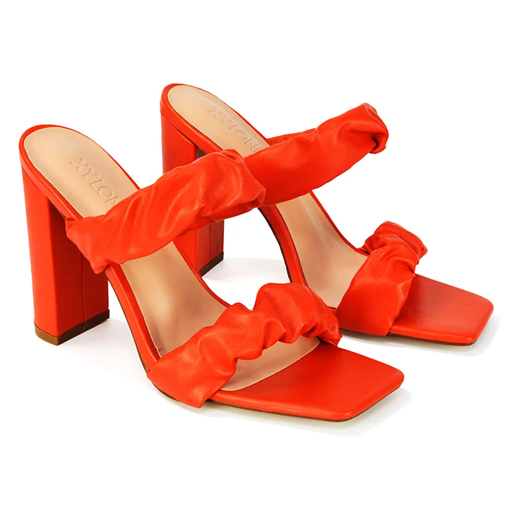 Milena Ruched Double Strap Block High Heel Sandals in Black Synthetic Leather