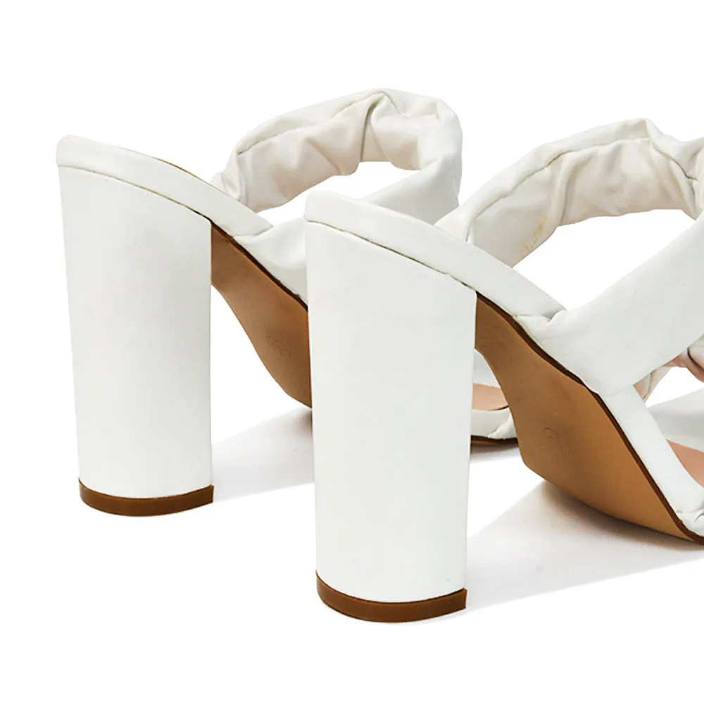 Milena Ruched Double Strap Block High Heel Sandals in Black Synthetic Leather
