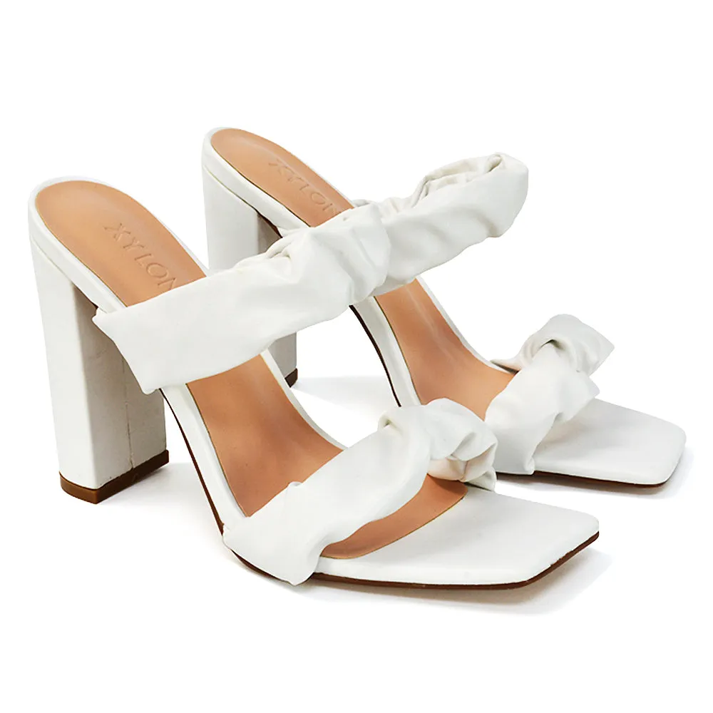 Milena Ruched Double Strap Block High Heel Sandals in Black Synthetic Leather