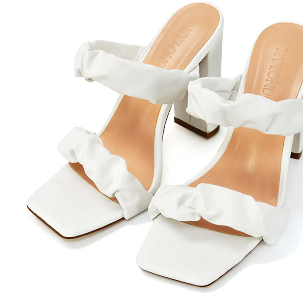 Milena Ruched Double Strap Block High Heel Sandals in Black Synthetic Leather