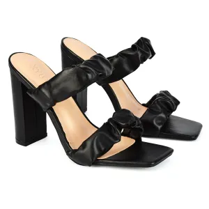Milena Ruched Double Strap Block High Heel Sandals in Black Synthetic Leather