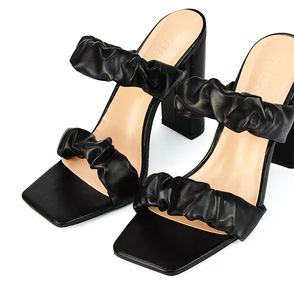 Milena Ruched Double Strap Block High Heel Sandals in Black Synthetic Leather
