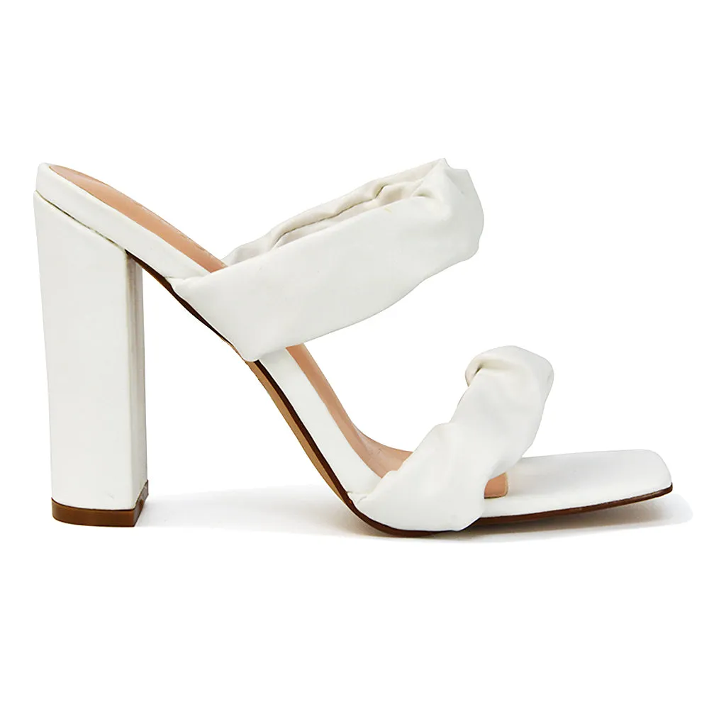 Milena Ruched Double Strap Block High Heel Sandals in Black Synthetic Leather