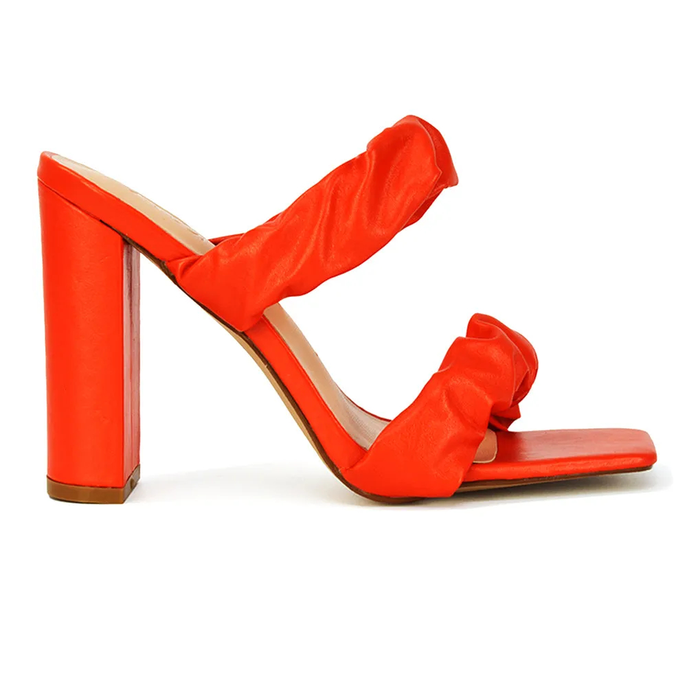 Milena Ruched Double Strap Block High Heel Sandals in Black Synthetic Leather