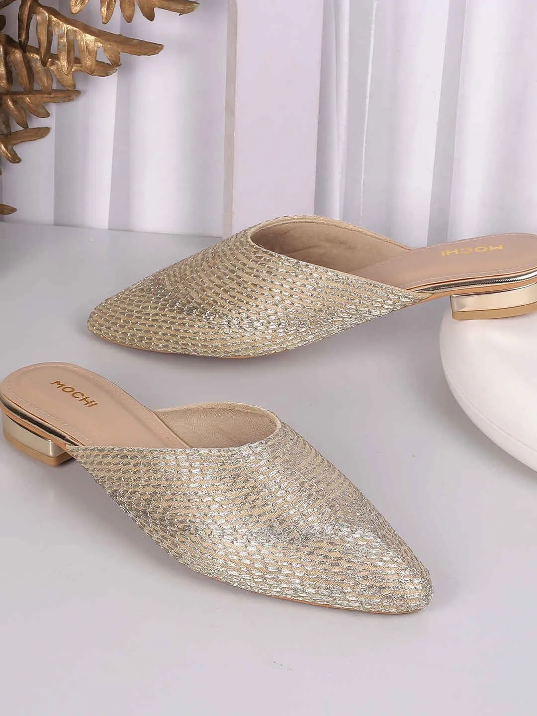 Mochi Women Woven Design Block Heel Mules