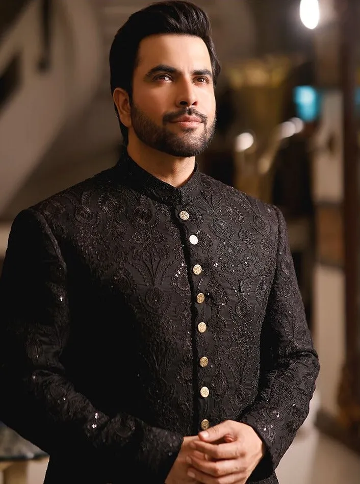 Pakistani Black Sherwani for Men Designer Dress #GN70