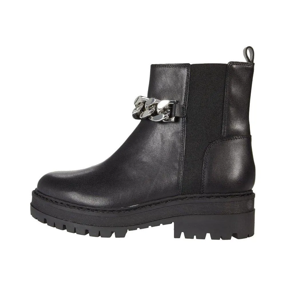 Parrie Black Leather Chain Detail Ankle Lug Boots