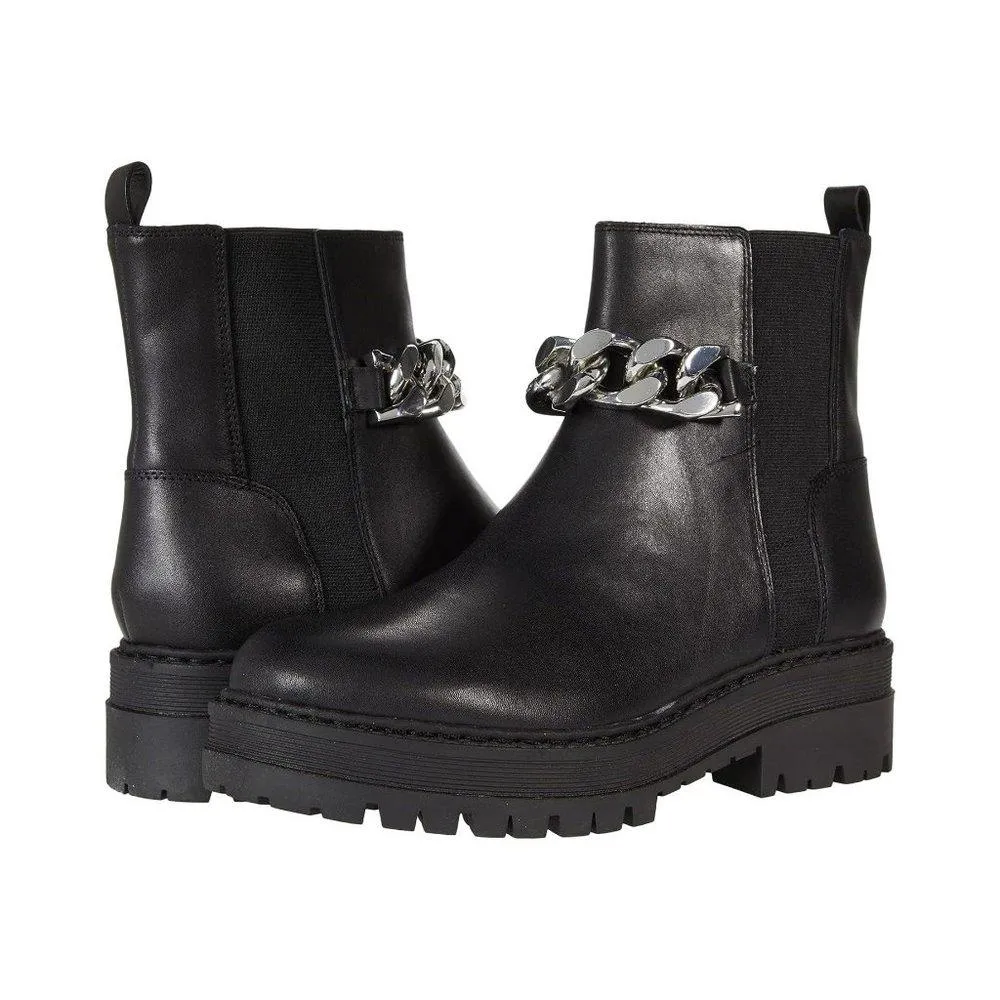 Parrie Black Leather Chain Detail Ankle Lug Boots
