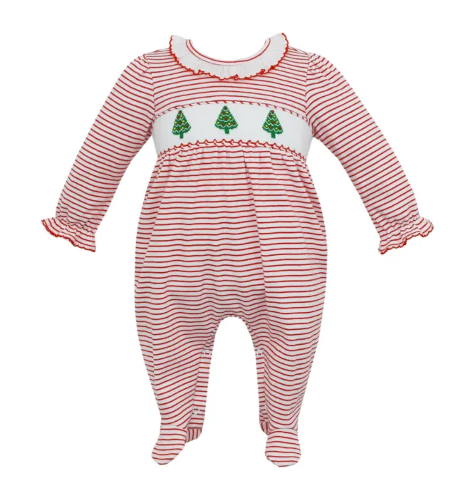 Petit Bebe Smocked Knit Ruffle Christmas Footie