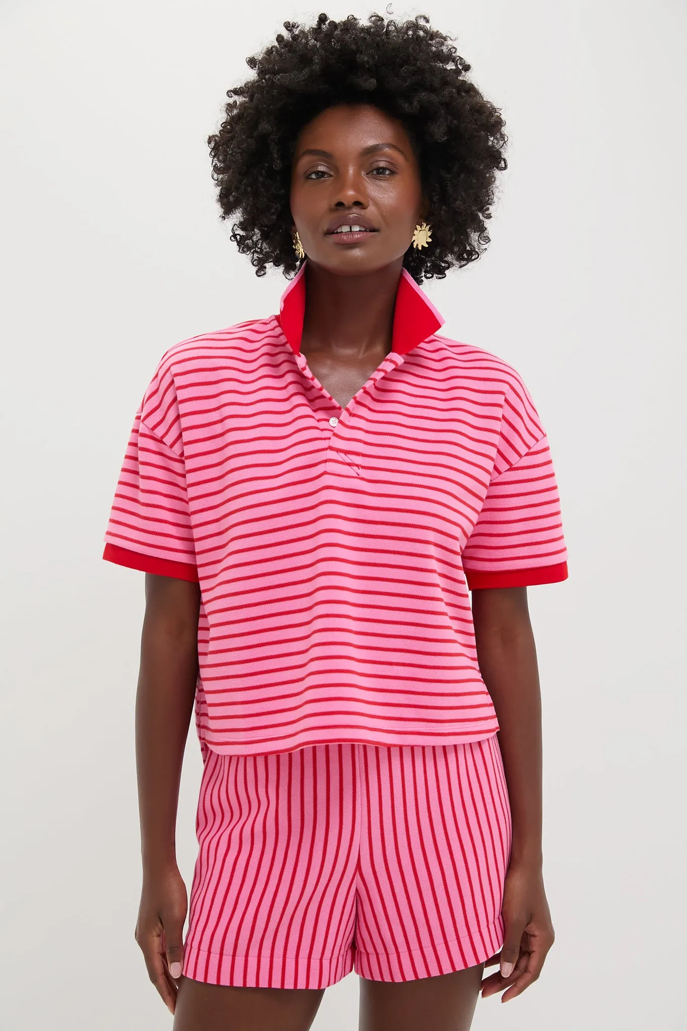 Pink and Red Stripe Pique Holmes Boyfriend Polo