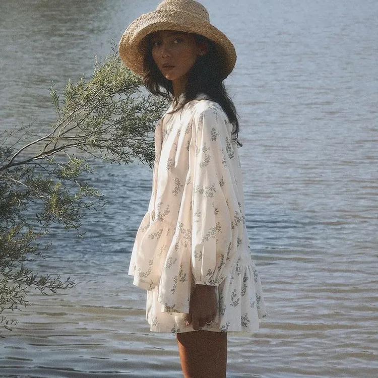 Playful Puff Sleeve Ruffled Top and Printed Shorts Two-Piece Set for Trendy Summer Style