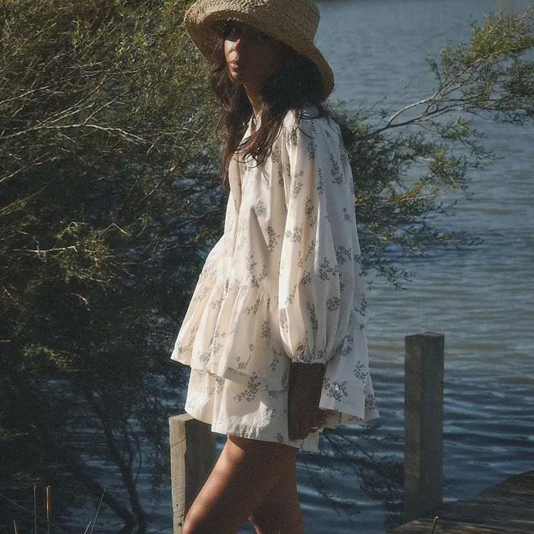 Playful Puff Sleeve Ruffled Top and Printed Shorts Two-Piece Set for Trendy Summer Style