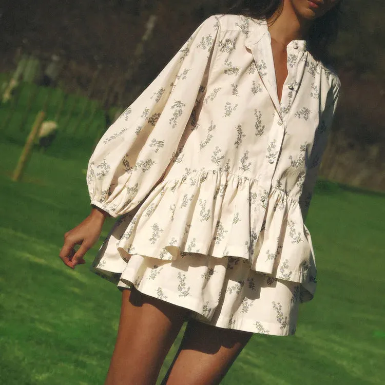Playful Puff Sleeve Ruffled Top and Printed Shorts Two-Piece Set for Trendy Summer Style