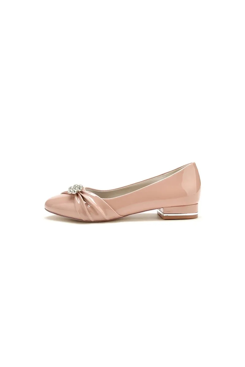 Pointed Toe Slip-on Patent Leather Low Heels With Rhinestone