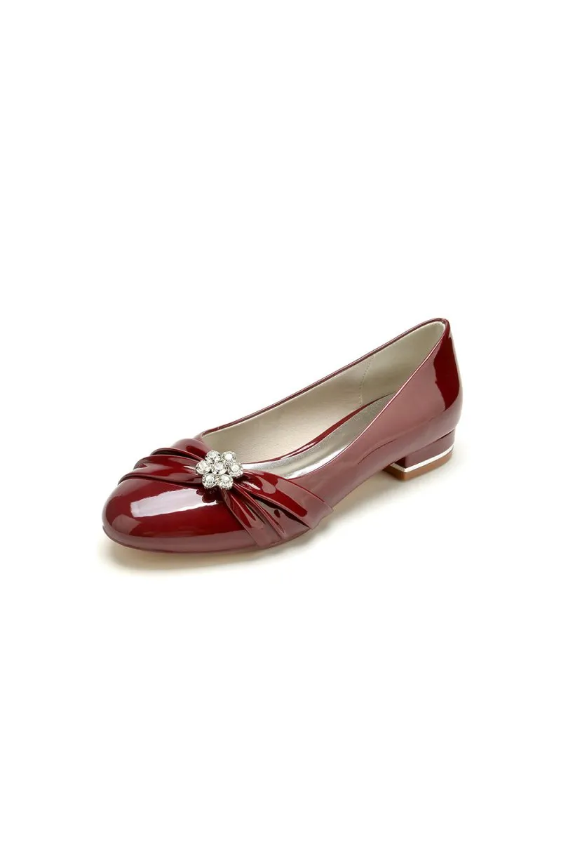 Pointed Toe Slip-on Patent Leather Low Heels With Rhinestone