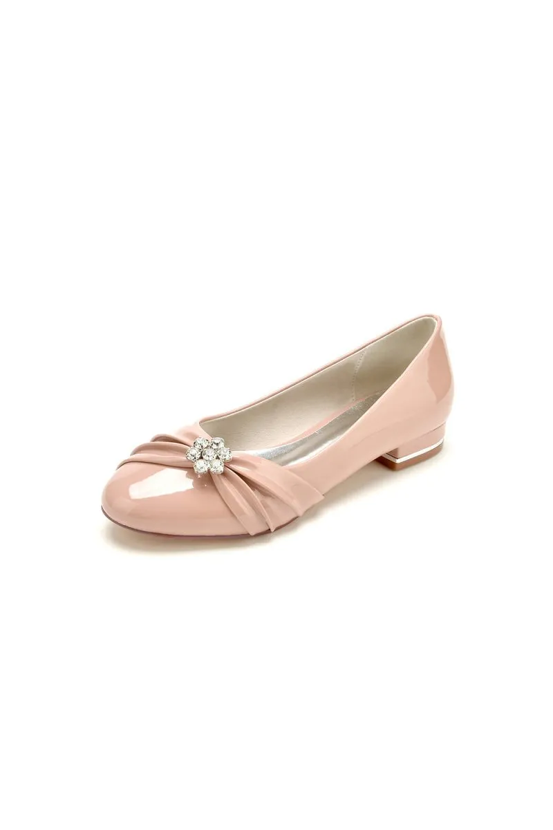 Pointed Toe Slip-on Patent Leather Low Heels With Rhinestone