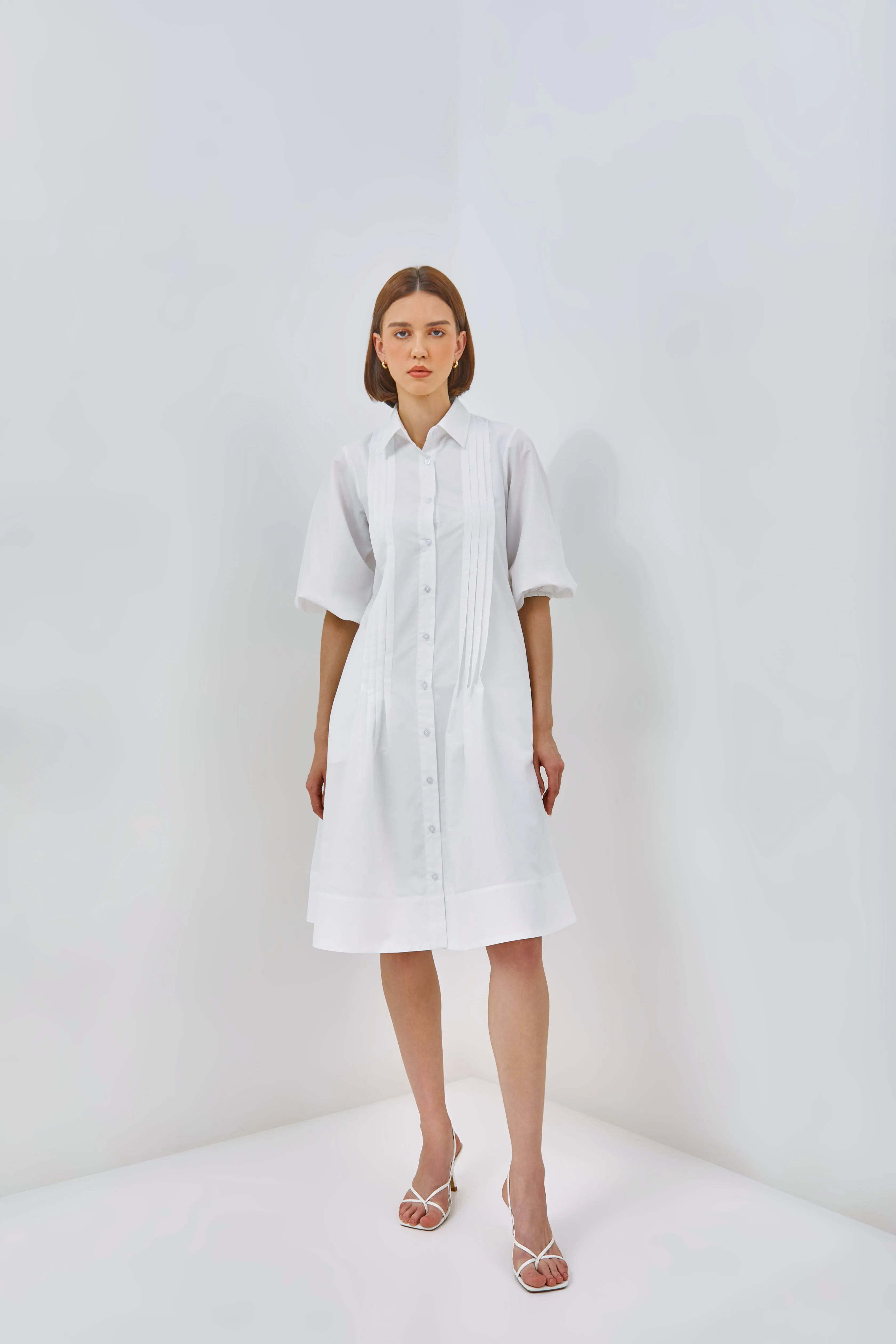 PUFF SLEEVE PLEAT SHIRTDRESS